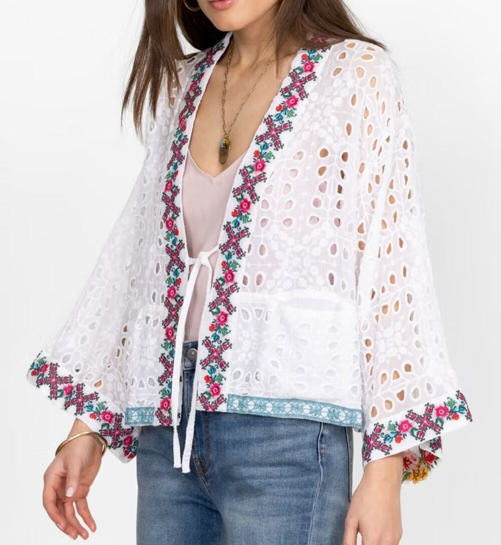 Johnny Was Nera Kimono White Eyelet Wide Sleeve Floral Embroidered Trim Small